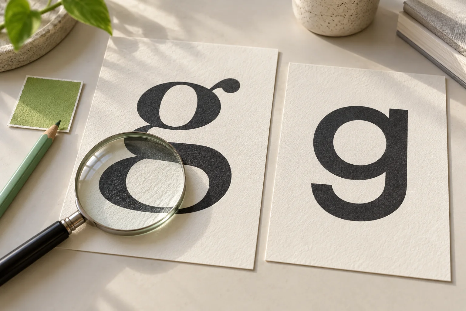 Magnifier positioned over two printed lowercase g shapes on paper cards.