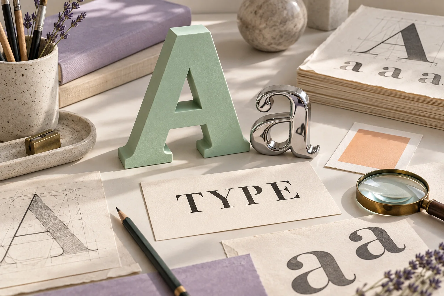 Sculptural mint green letter A and chrome lowercase a on an ivory desk beside type specimen sheets.