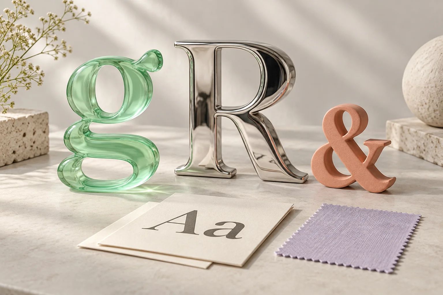 Translucent mint g, chrome R, and coral ampersand beside an ivory Aa specimen card.