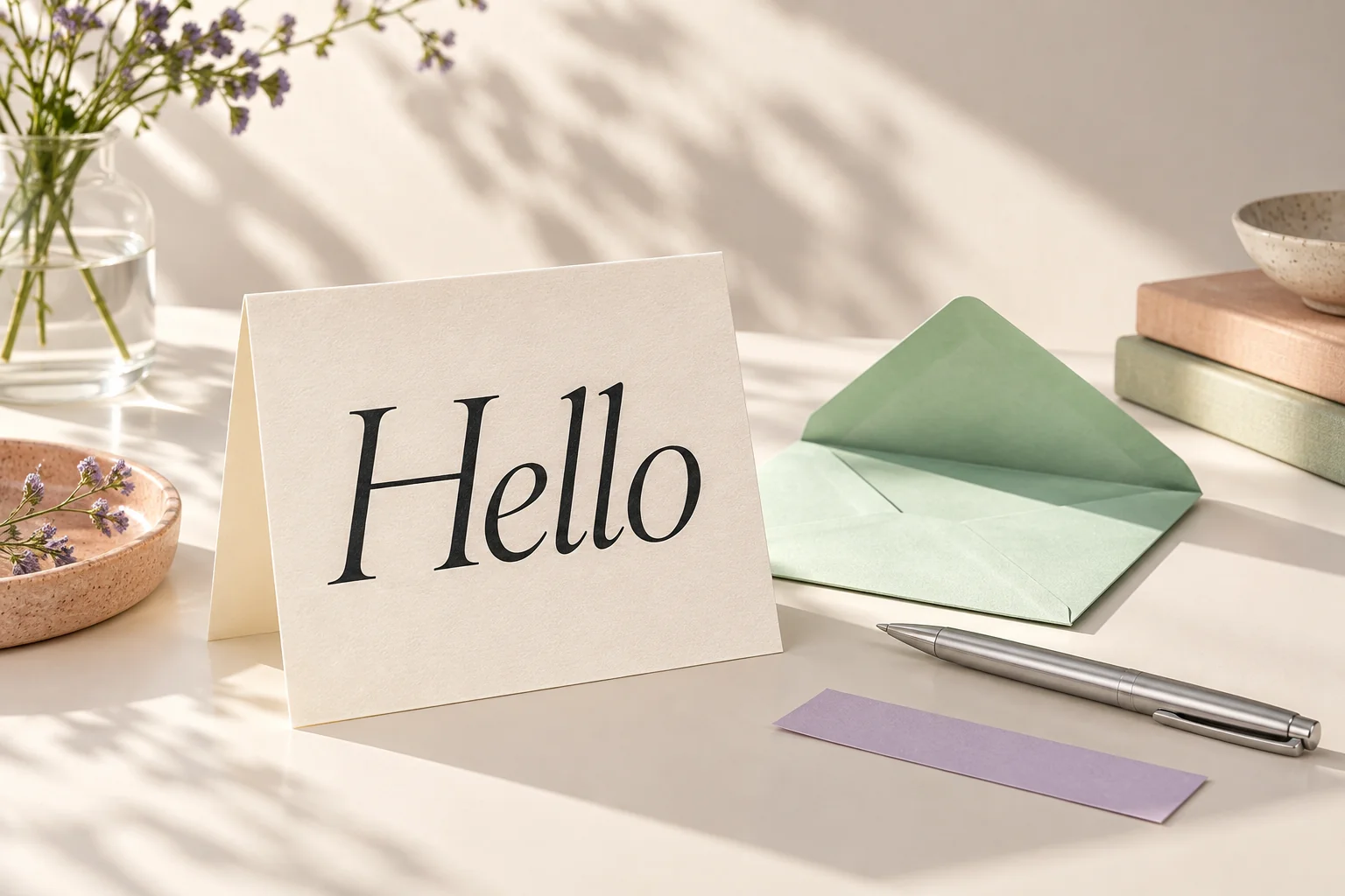 Ivory card printed with Hello beside a mint envelope and a silver pen.