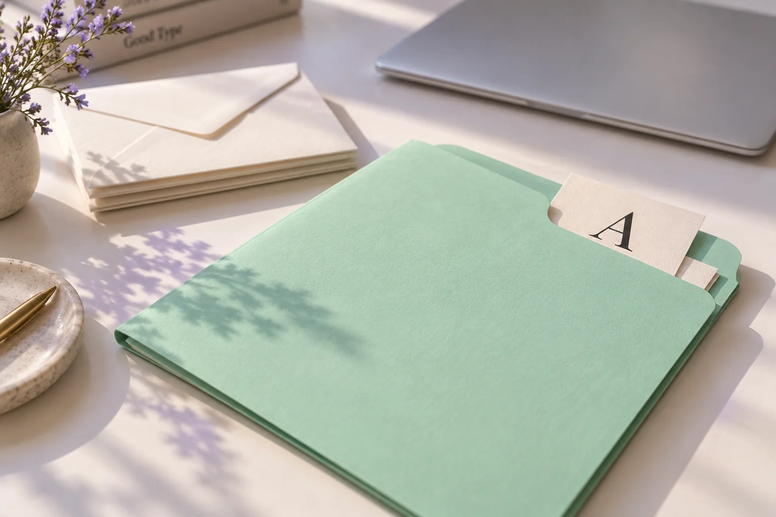 Cartellina verde menta opaca contenente buste sigillate, con una stampa della lettera A inserita all'interno.