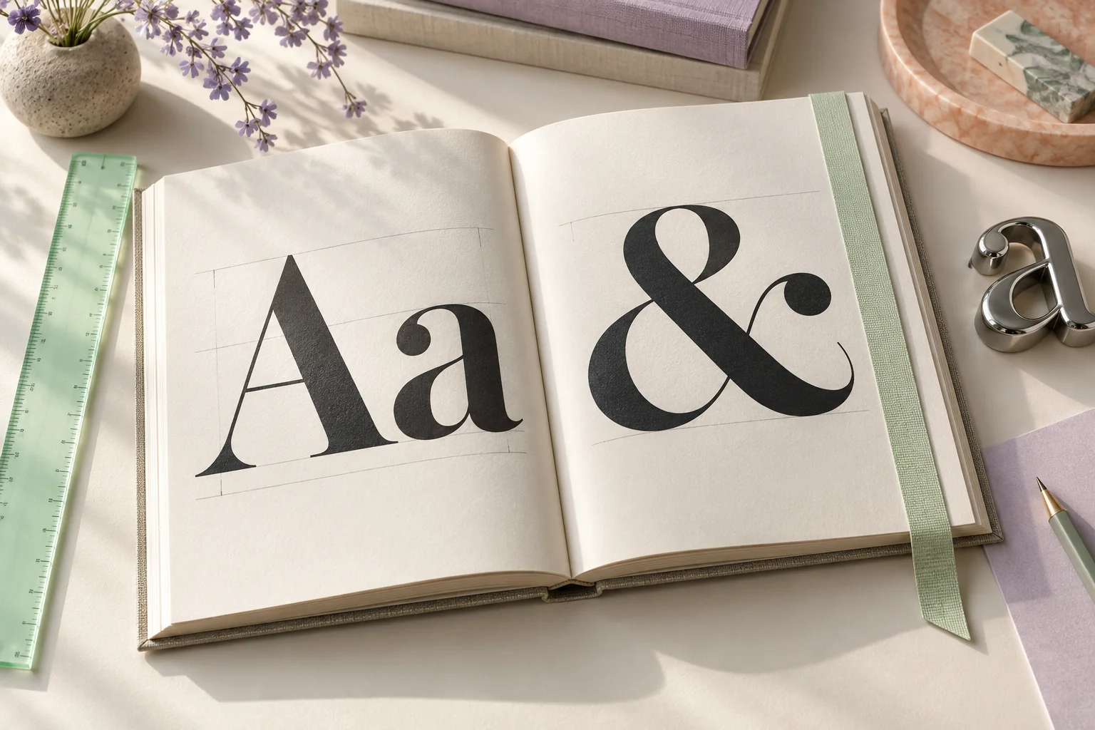 Open typography specimen book with Aa and an ampersand beside a mint ruler and chrome letter.
