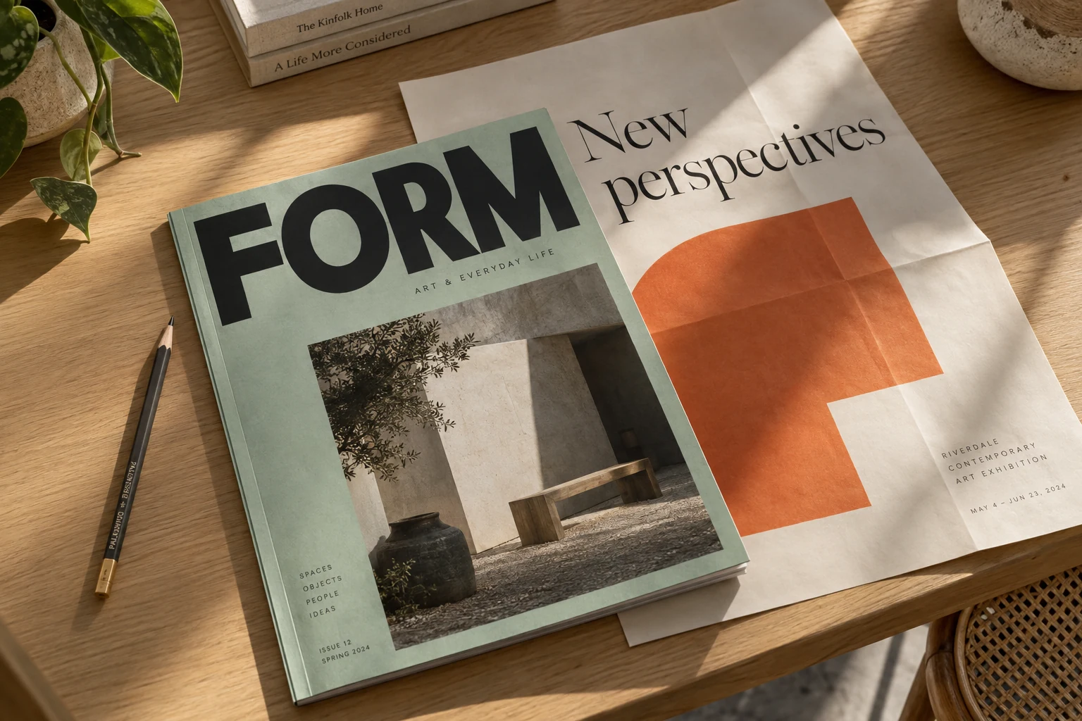 FORM magazine and a New perspectives exhibition poster on a wooden desk
