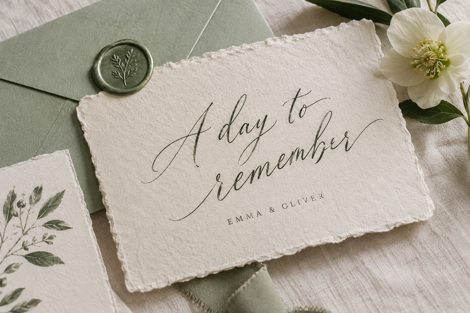 Letterpress invitation with flowing script on ivory paper