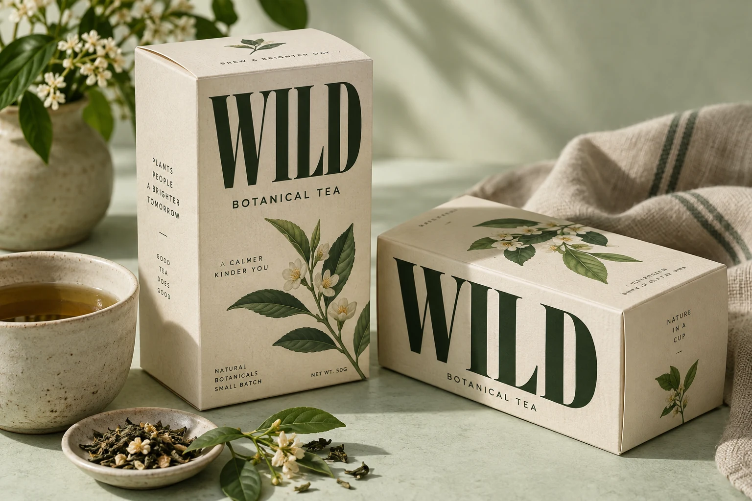 WILD botanical tea packaging with tall dark-green serif lettering