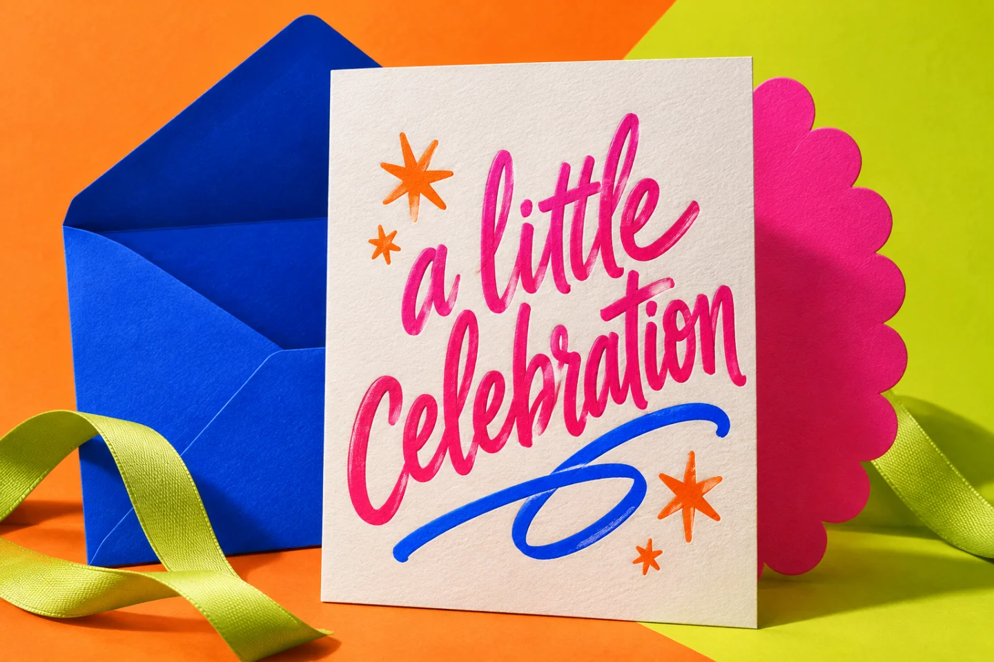 A Little Celebration in pink script with a cobalt envelope, lime ribbon and orange backdrop