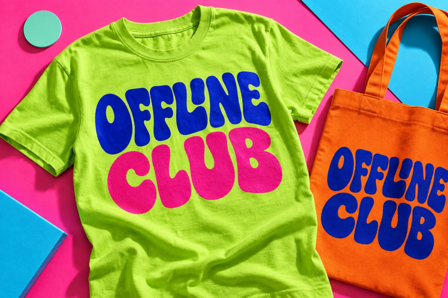 Offline Club in cobalt and pink on a lime T-shirt and orange tote bag