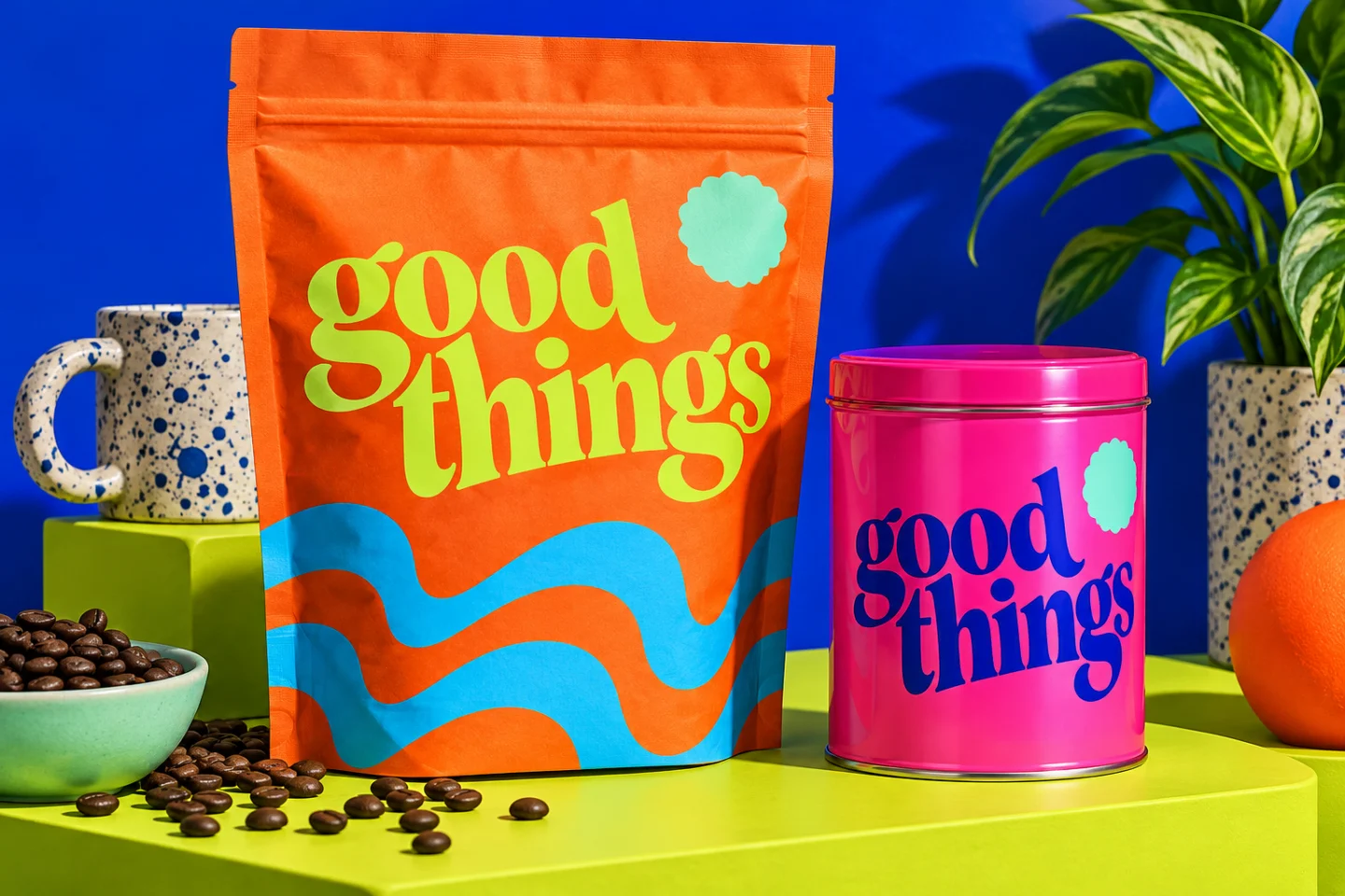 Good Things lettering on an orange coffee pouch and pink tin against cobalt blue