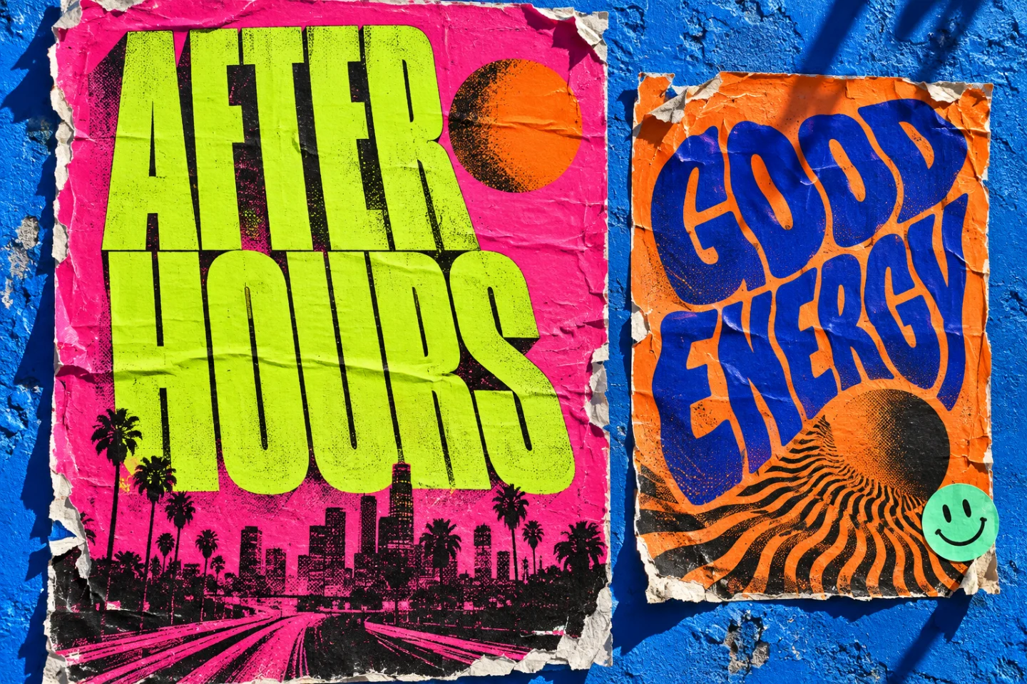 After Hours and Good Energy posters in lime, hot pink and orange on an electric-blue wall