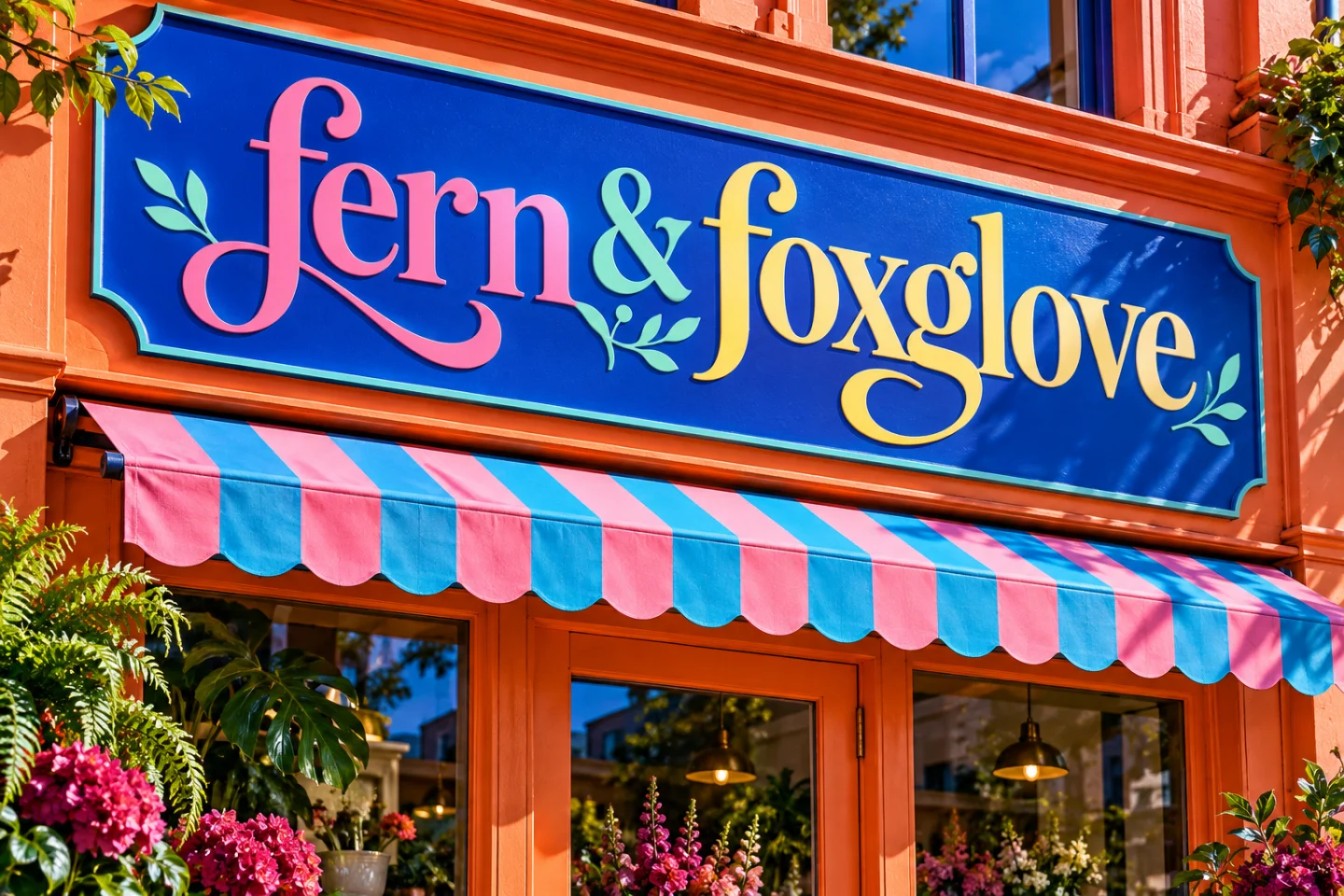 Fern and Foxglove lettering on a cobalt sign above a coral-orange flower shop