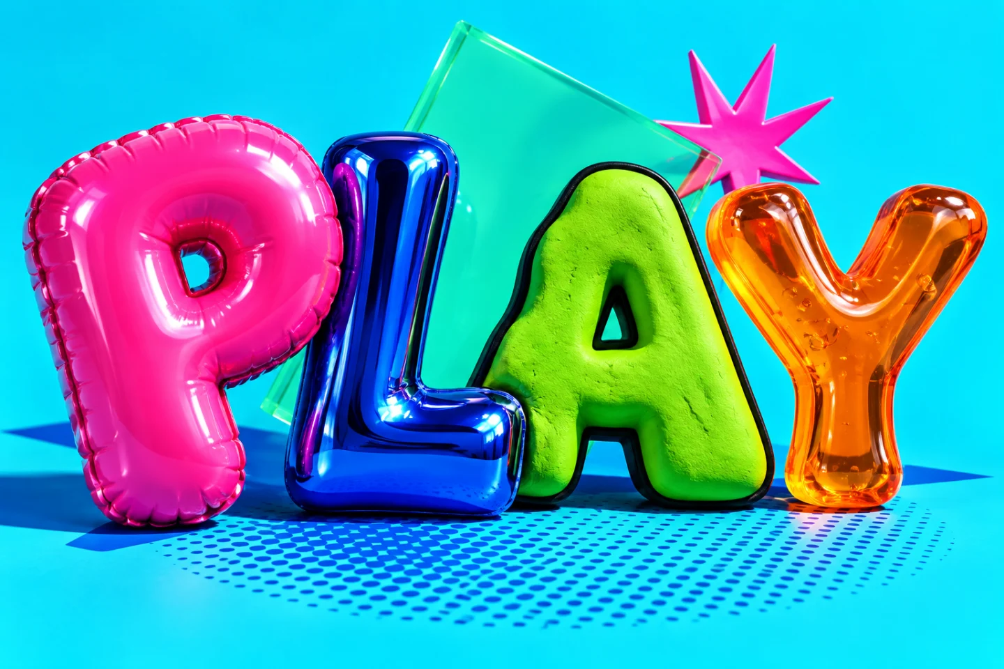 PLAY sculpted in hot-pink balloon, blue chrome, lime clay and orange resin letterforms