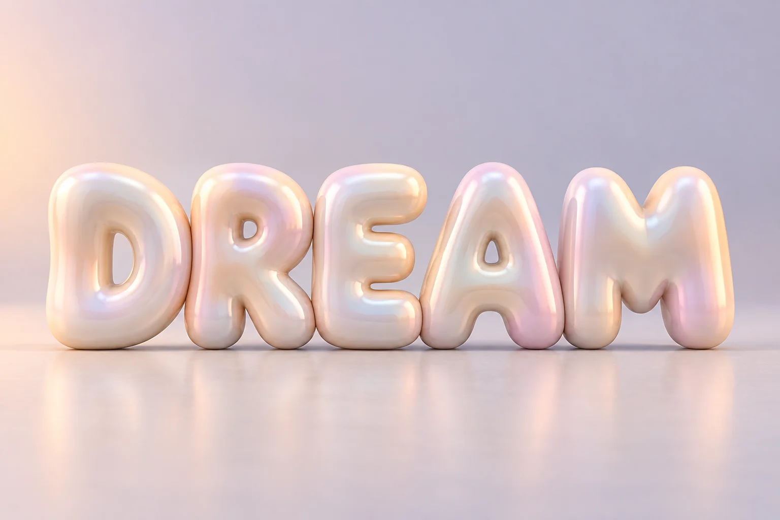 DREAM in pearly peach inflated letters in a soft pink and lavender studio