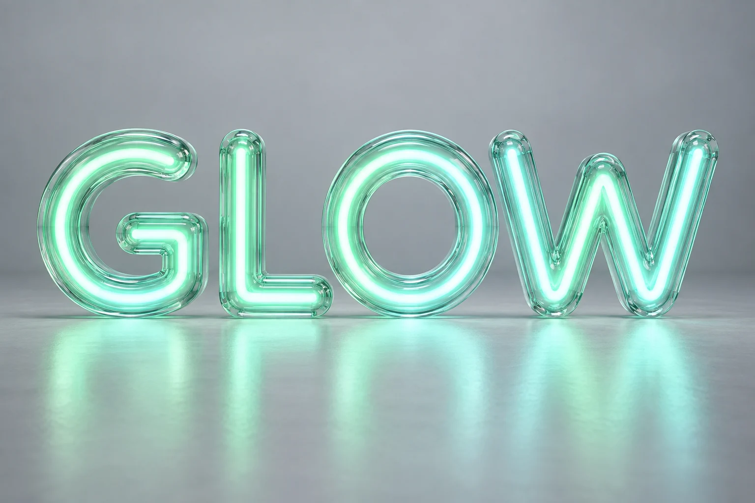 GLOW in mint and cyan neon lettering in a cool gray studio