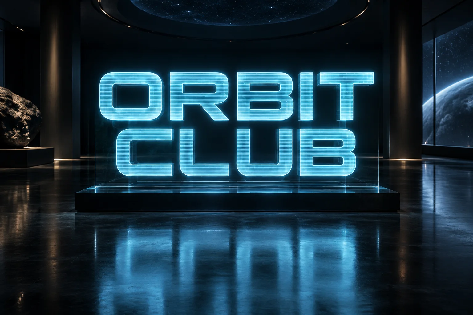 Cyan ORBIT CLUB holographic lettering reflected in a dark exhibition space.