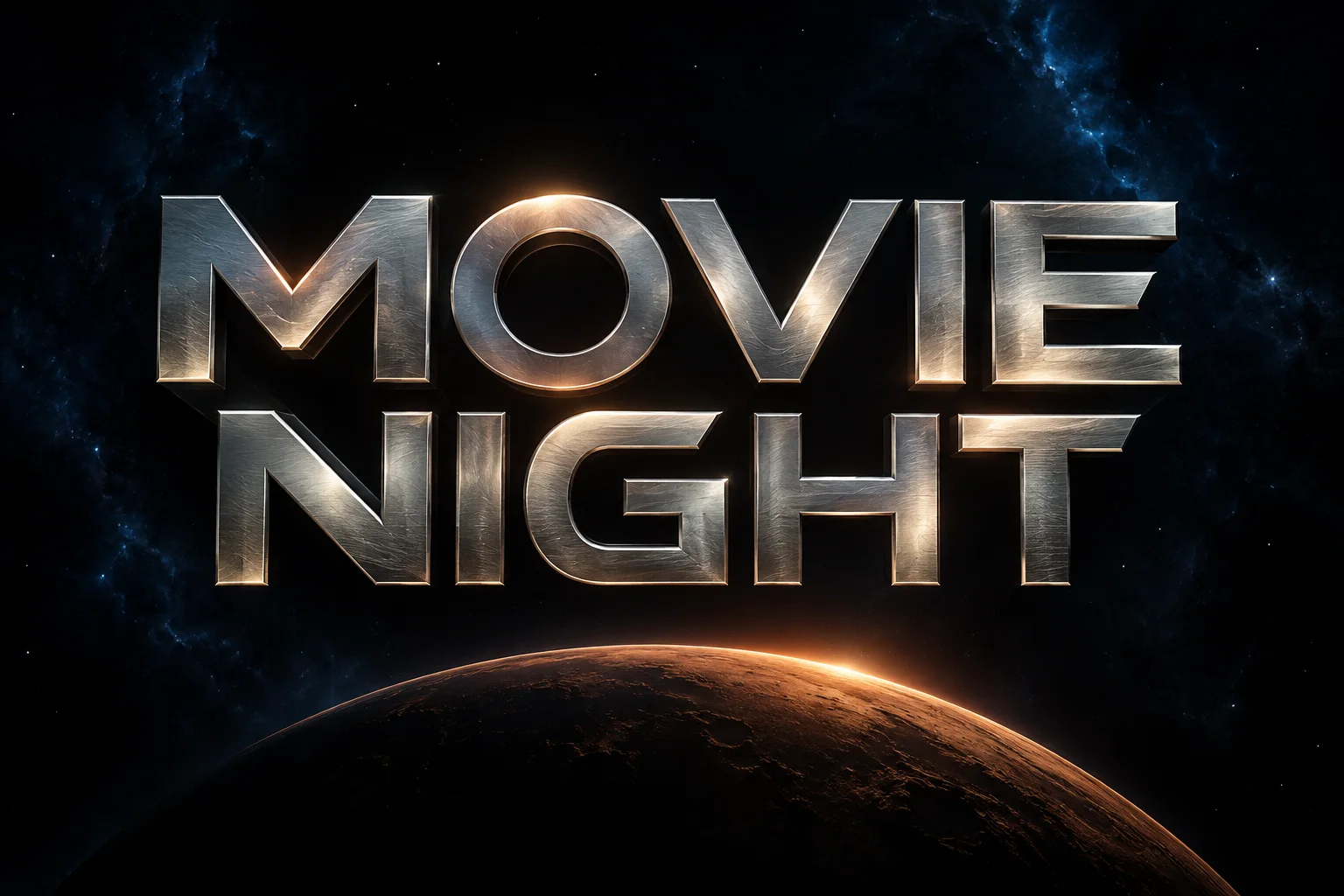 Silver MOVIE NIGHT lettering with shallow metallic bevels and a copper planetary crescent.