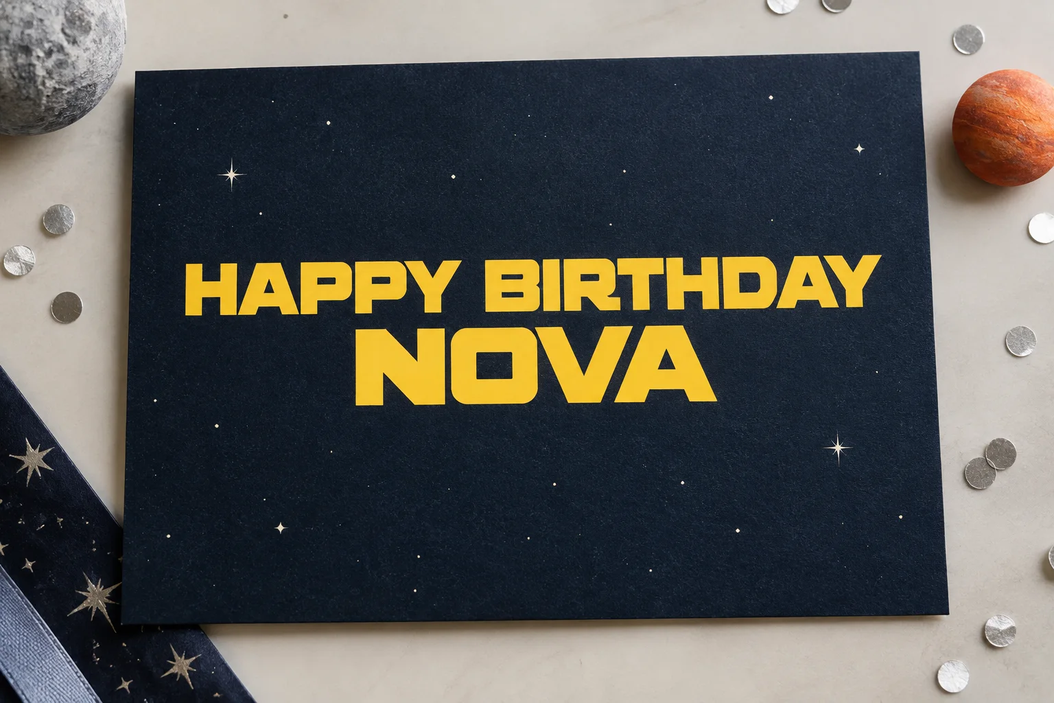 A midnight-blue birthday invitation with bold yellow HAPPY BIRTHDAY NOVA lettering.